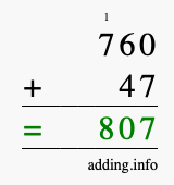 Calculate 760 + 47 using long addition
