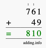 Calculate 761 + 49 using long addition