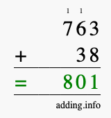 Calculate 763 + 38 using long addition