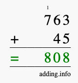Calculate 763 + 45 using long addition