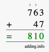 Calculate 763 + 47 using long addition