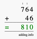 Calculate 764 + 46 using long addition