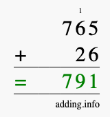 Calculate 765 + 26 using long addition