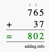 Calculate 765 + 37 using long addition
