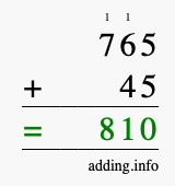 Calculate 765 + 45 using long addition