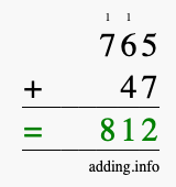 Calculate 765 + 47 using long addition