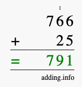 Calculate 766 + 25 using long addition