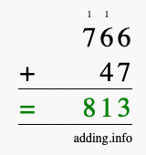 Calculate 766 + 47 using long addition