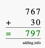 Calculate 767 + 30 using long addition