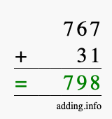 Calculate 767 + 31 using long addition
