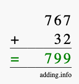 Calculate 767 + 32 using long addition
