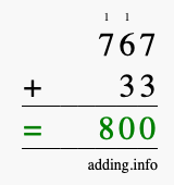 Calculate 767 + 33 using long addition