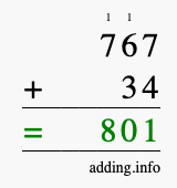Calculate 767 + 34 using long addition