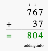 Calculate 767 + 37 using long addition