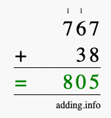 Calculate 767 + 38 using long addition
