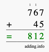 Calculate 767 + 45 using long addition