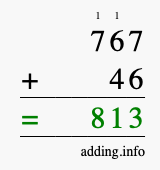 Calculate 767 + 46 using long addition