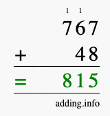 Calculate 767 + 48 using long addition