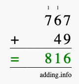 Calculate 767 + 49 using long addition