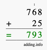Calculate 768 + 25 using long addition