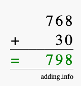 Calculate 768 + 30 using long addition
