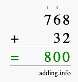 Calculate 768 + 32 using long addition