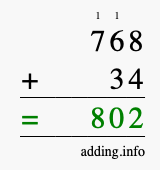 Calculate 768 + 34 using long addition