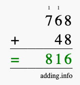 Calculate 768 + 48 using long addition