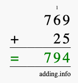 Calculate 769 + 25 using long addition