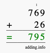 Calculate 769 + 26 using long addition