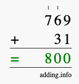 Calculate 769 + 31 using long addition
