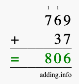 Calculate 769 + 37 using long addition