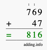 Calculate 769 + 47 using long addition