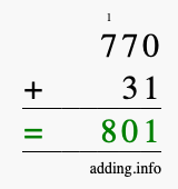Calculate 770 + 31 using long addition