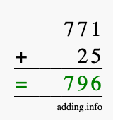 Calculate 771 + 25 using long addition