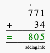 Calculate 771 + 34 using long addition