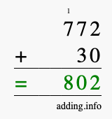 Calculate 772 + 30 using long addition