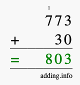 Calculate 773 + 30 using long addition