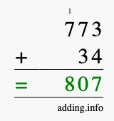 Calculate 773 + 34 using long addition