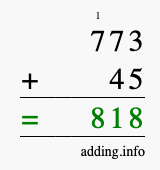 Calculate 773 + 45 using long addition