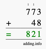 Calculate 773 + 48 using long addition