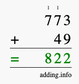 Calculate 773 + 49 using long addition