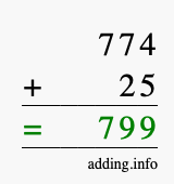 Calculate 774 + 25 using long addition
