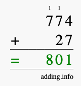 Calculate 774 + 27 using long addition