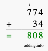 Calculate 774 + 34 using long addition