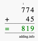 Calculate 774 + 45 using long addition