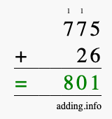 Calculate 775 + 26 using long addition