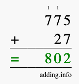 Calculate 775 + 27 using long addition