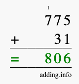 Calculate 775 + 31 using long addition