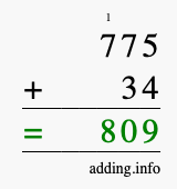 Calculate 775 + 34 using long addition